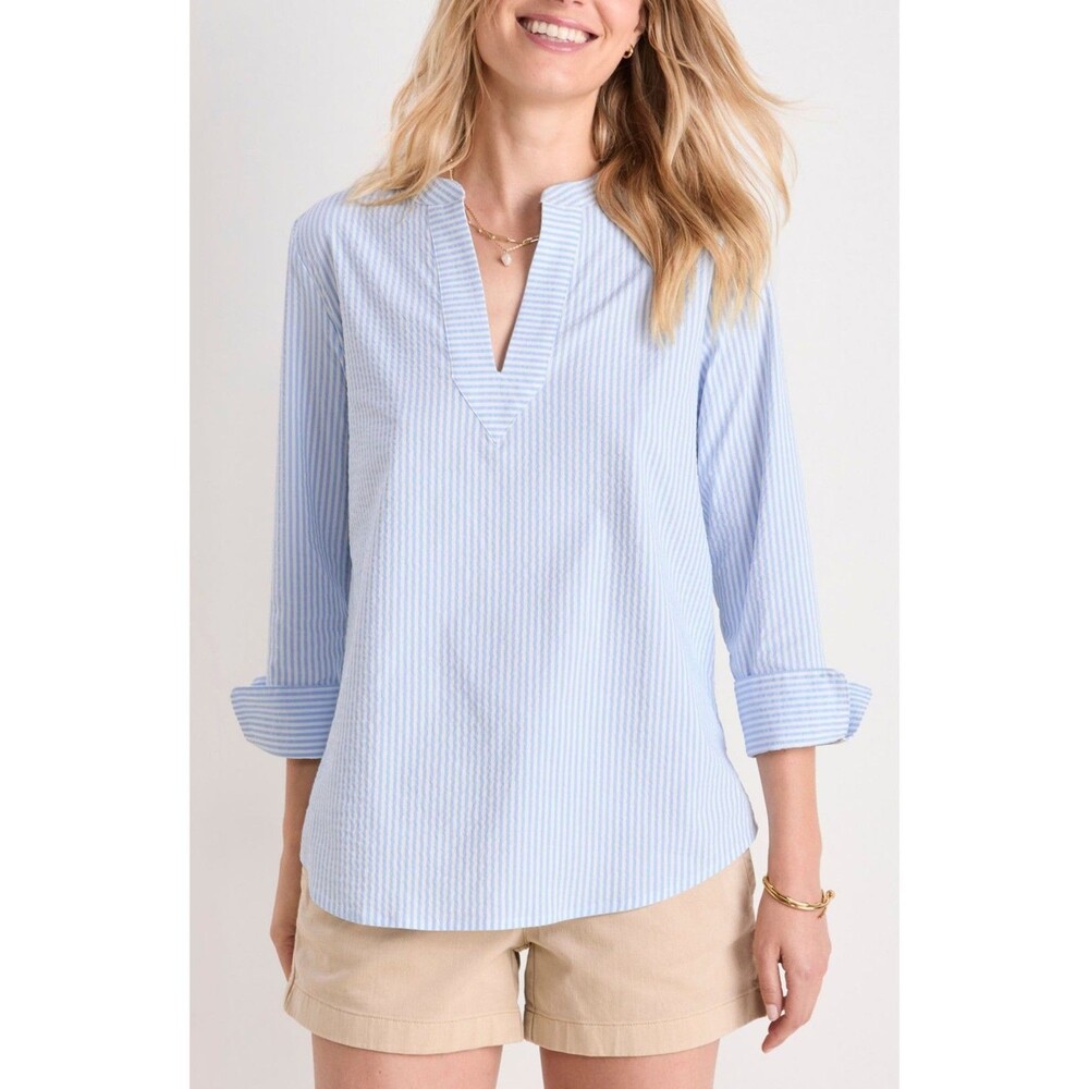 Vineyard Vines NWT Harbor Savannah Stripe Seersucker Popover Top Medium Blue
